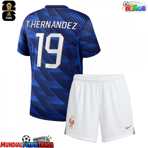 Camiseta Francia Theo Hernandez #19 Primera Equipación Replica Mundial 2026 para niños mangas cortas (+ Pantalones cortos)